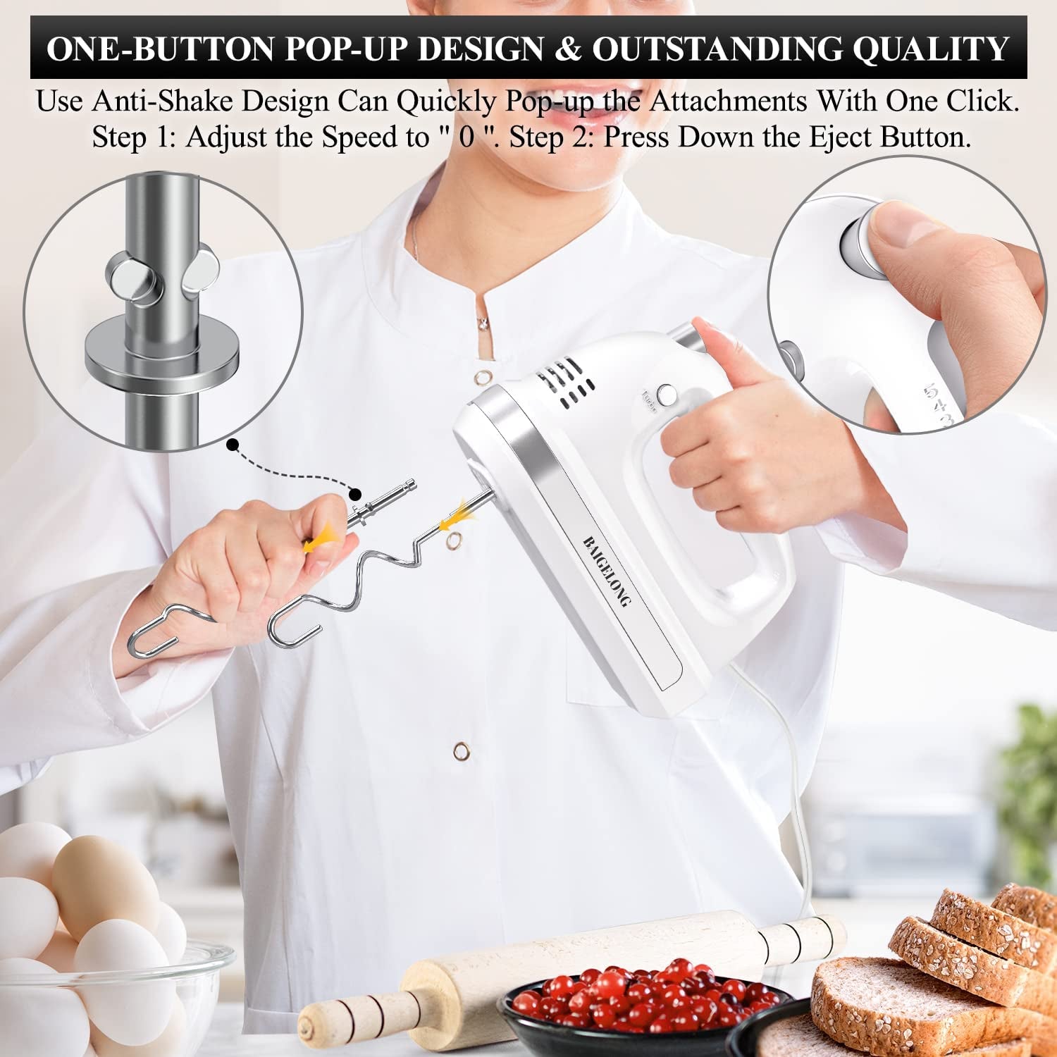 300W Ultra Power Electric Hand Mixer with 5 Self-Control Speeds + Turbo Boost - Includes 5 Stainless Steel Attachments for Baking - White Color