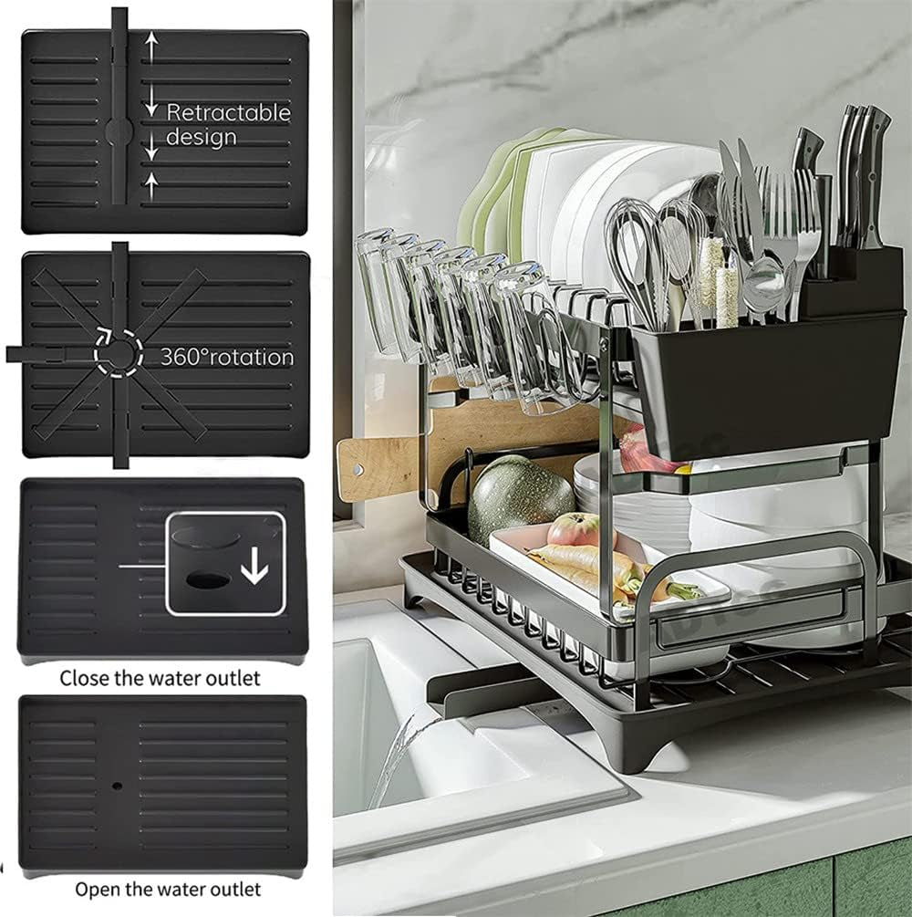 2-Tier Dish Rack for Kitchen Counter - Includes Drainboard, Convenient Dish Drying Rack Design, Perfect for Kitchen Counters, Available in Black Color.