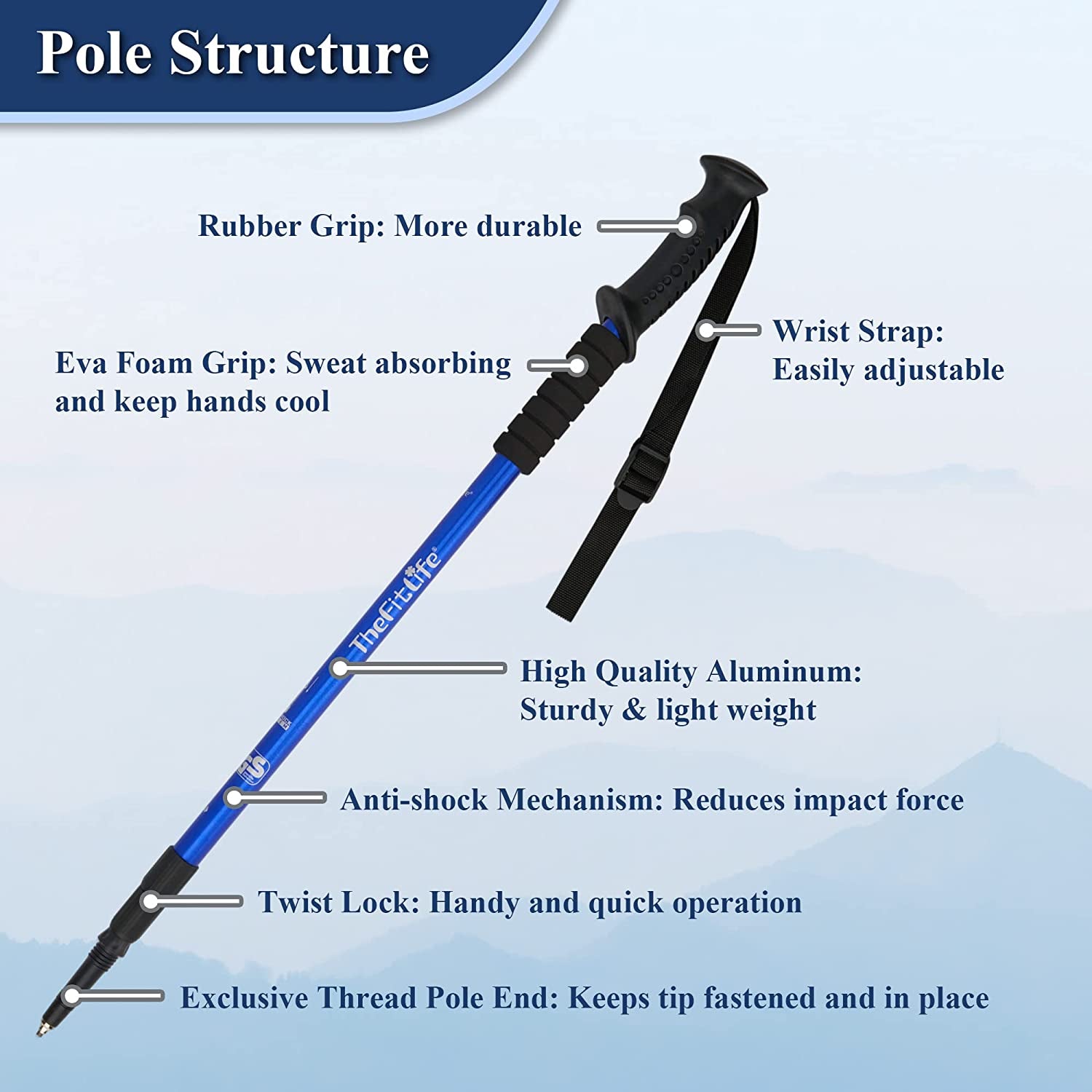 Walking Trekking Poles - Set of 2 with Antishock and Quick Lock System, Telescopic, Collapsible, Ultralight for Hiking, Camping, Mountaineering, Backpacking, Walking, Trekking