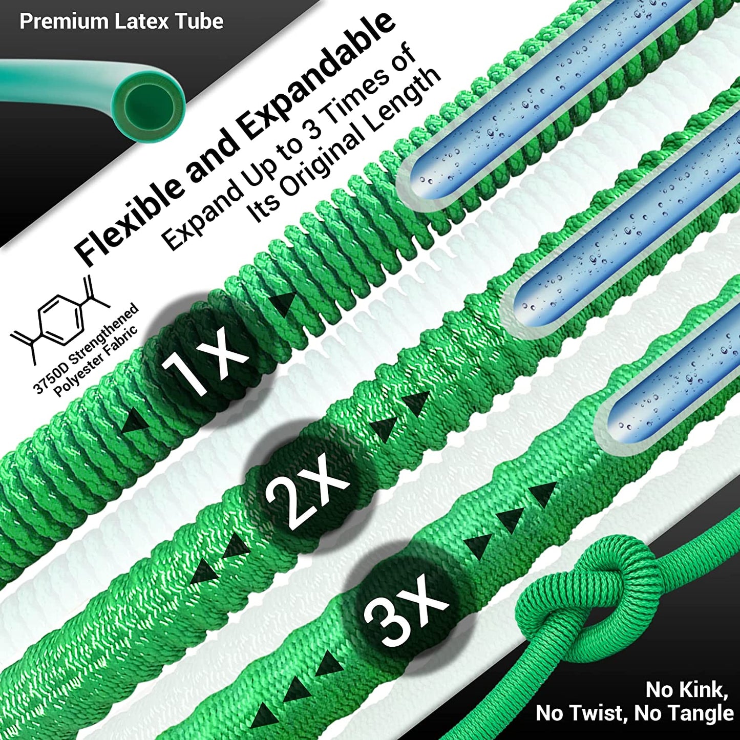 25 FT Expandable and Flexible Garden Hose: Made with Strength Durable Fabric and 12-Layer Latex Inner Tube. Lightweight, Easy to Store, and Kink-Free Water Hose. Features Leakproof Solid Brass Fittings with Nozzle. Available in Green.