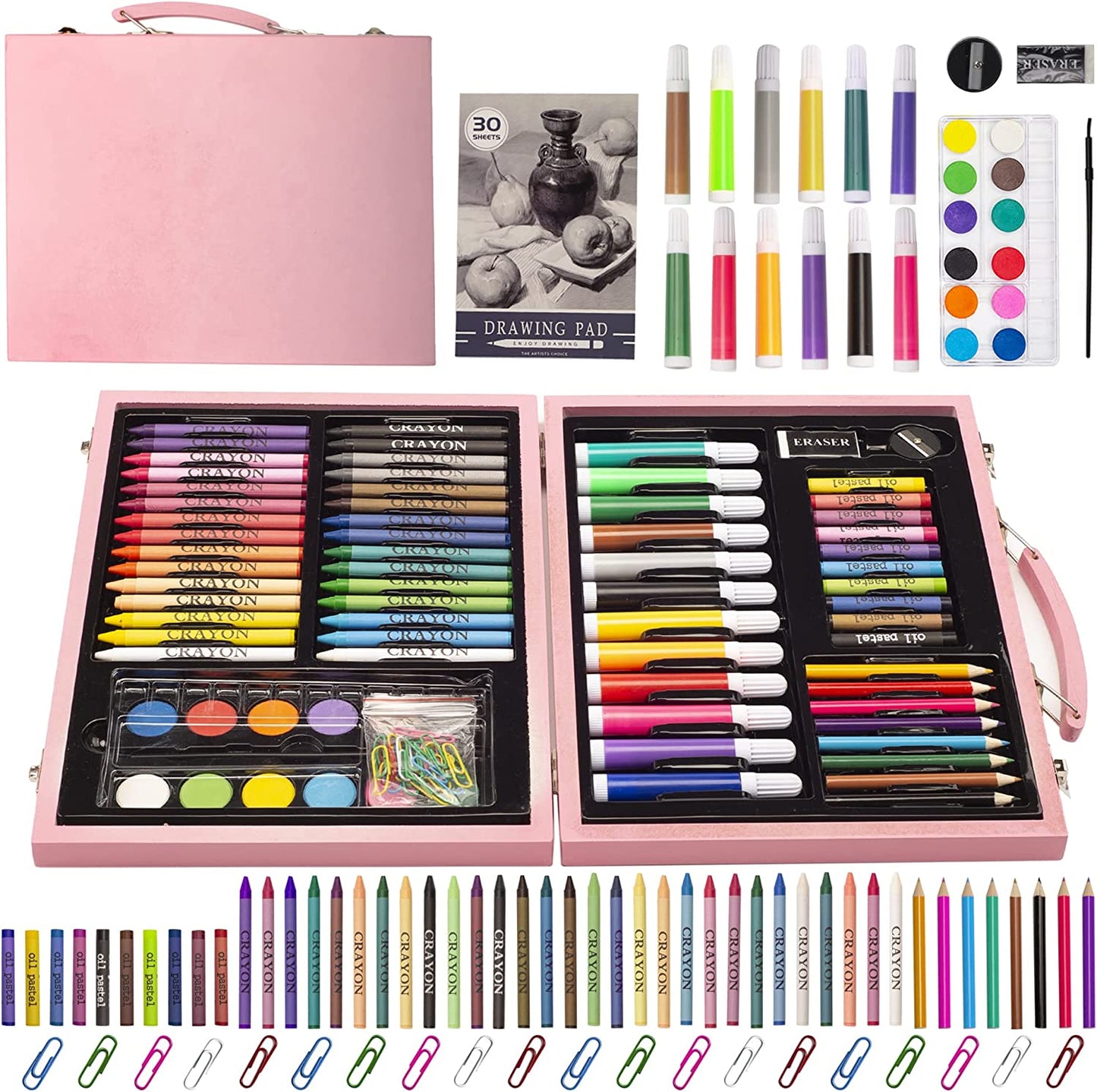  86-Piece Kid's Art Colouring Set, Wooden Case with Drawing Supplies, Including Markers, Crayons, and Coloured Pencils, Perfect for Young Artists - Boys, Girls, Teens (Pink Version)