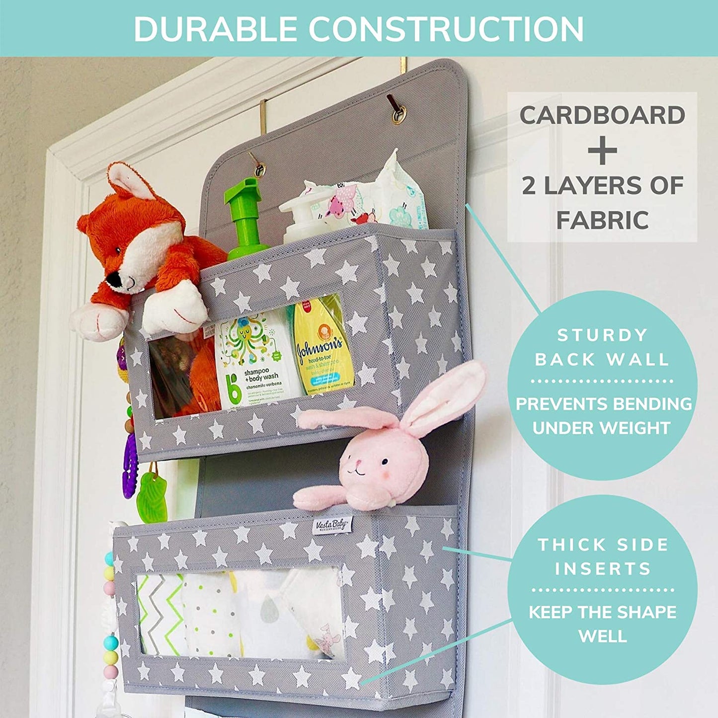 Over the Door Baby Organizer - 4 Pockets with Clear Window, 2 Utility Pockets. Unisex