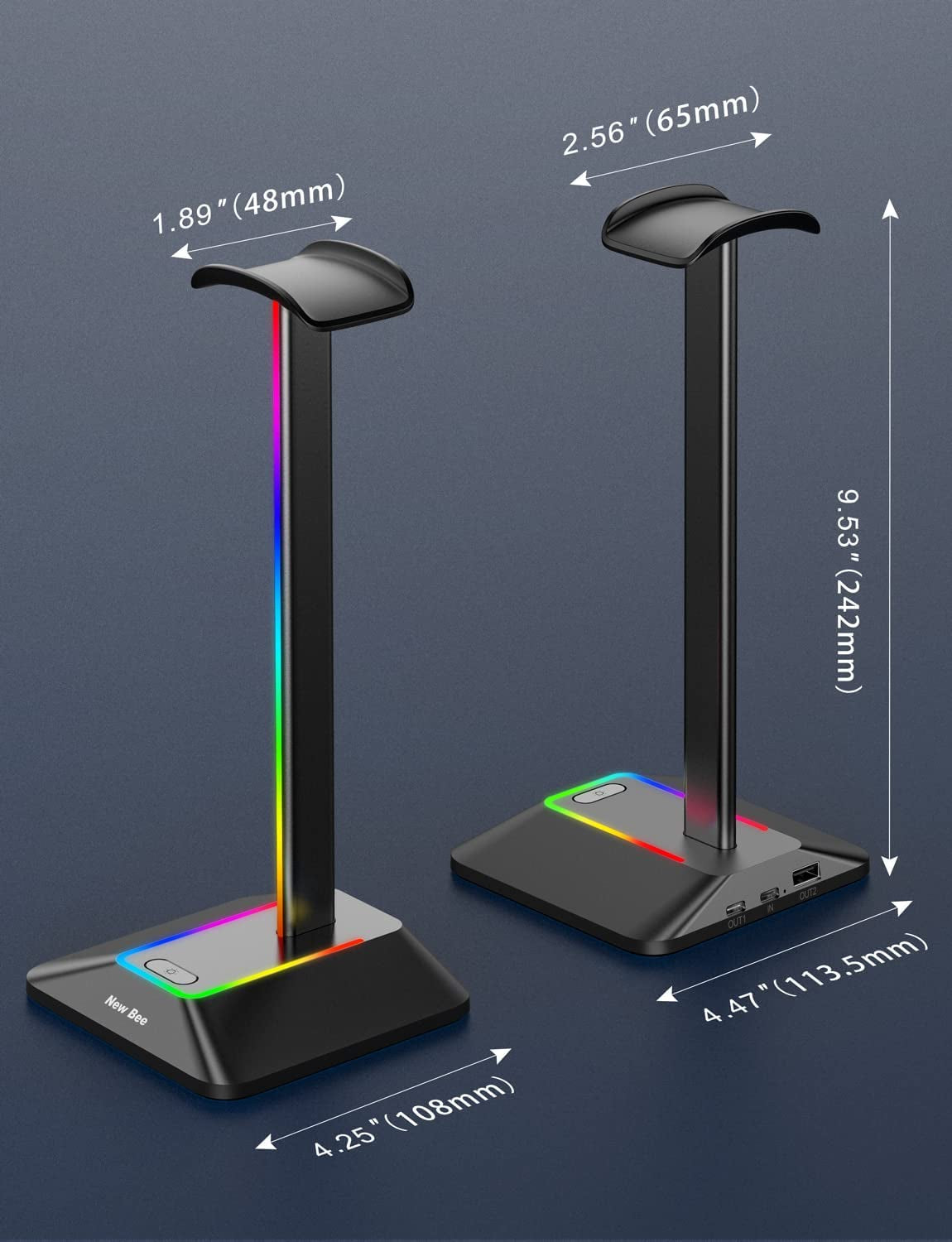 RGB Headphone Stand with 1 USB Charging Port & 1 USB-C Charging Port: Gaming Headset Stand with 7 Light Modes for PC Desktop Table - Earphone Accessories Holder