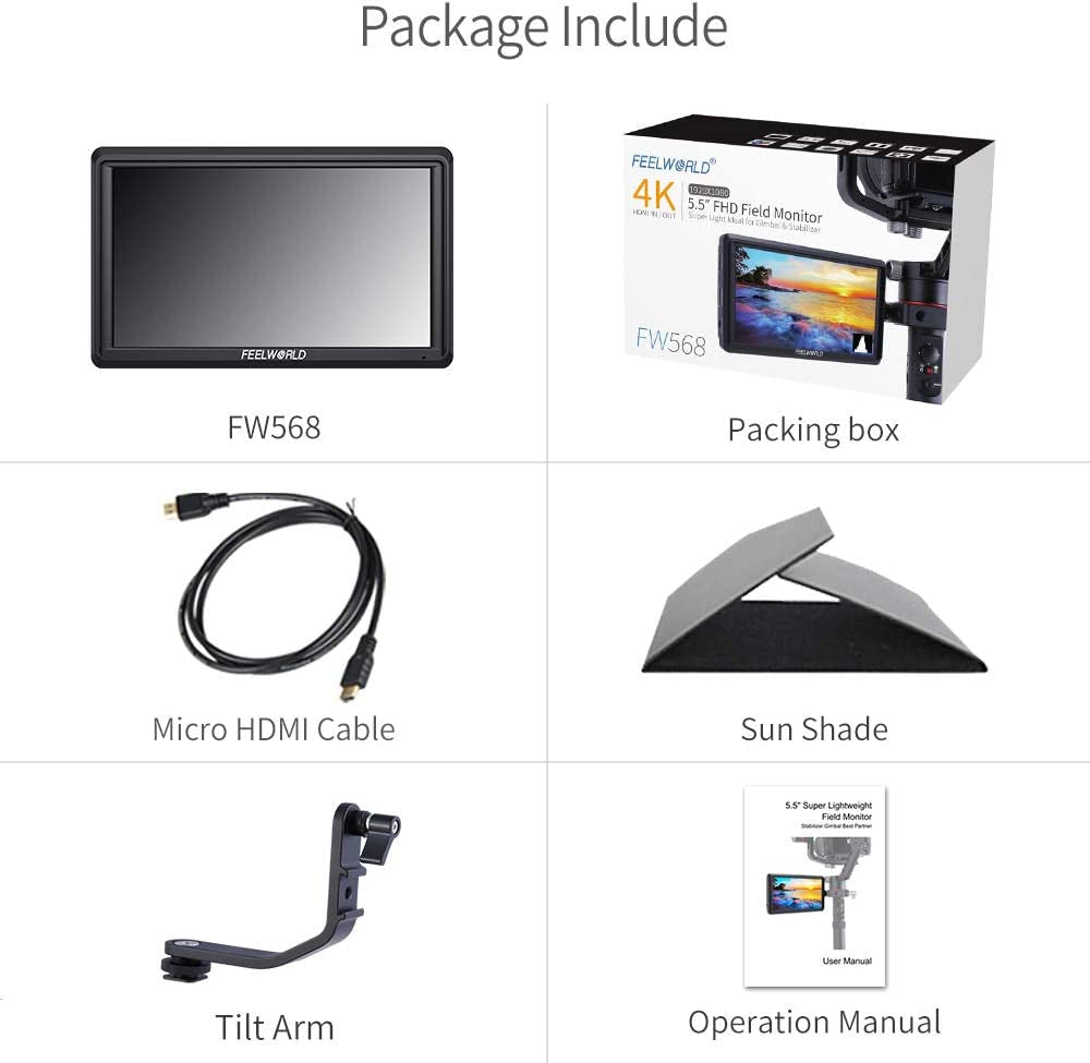6-Inch DSLR Camera Field Monitor FW568 V3 with Waveform, LUTs, Video Peaking, and Focus Assist - Full HD IPS Display (1920x1080), 4K HDMI Input/Output, 8.4V DC Power Support, Includes Tilt Arm