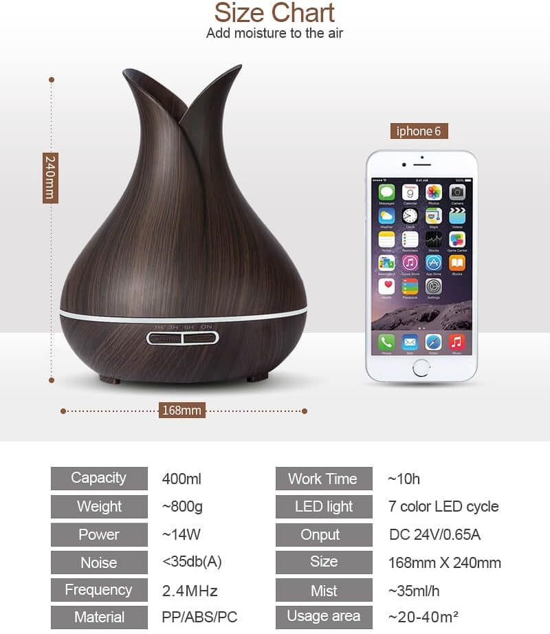 400ML Remote Control Essential Oil Diffuser: Ultrasonic Aromatherapy, Large Room Coverage. Wood Grain Cool Mist Humidifier, Quiet, Lasts Full Day/Night. Perfect for Home, Office, Spa, Baby & Kids' Room (Dark Wood).