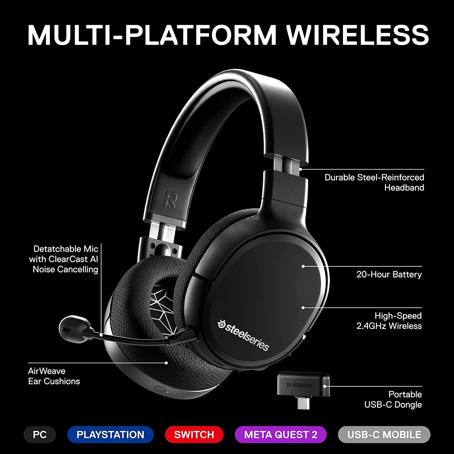 Wireless Gaming Headset Atticus 1 USB-C Wireless with Detachable Clearcast Microphone. Compatible with PC, PS5/PS4, Nintendo Switch and Lite, and Android