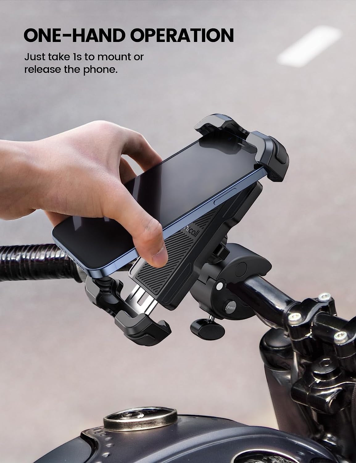 Motorcycle Phone Mount Holder - Adjustable Cell Phone Bike Holder for iPhone 14 15 Pro Max, iPhone 13 12, Galaxy S23, and 4.7"- 6.8" Cellphones - Secure Bicycle Scooter Handlebar Phone Cradle Clip