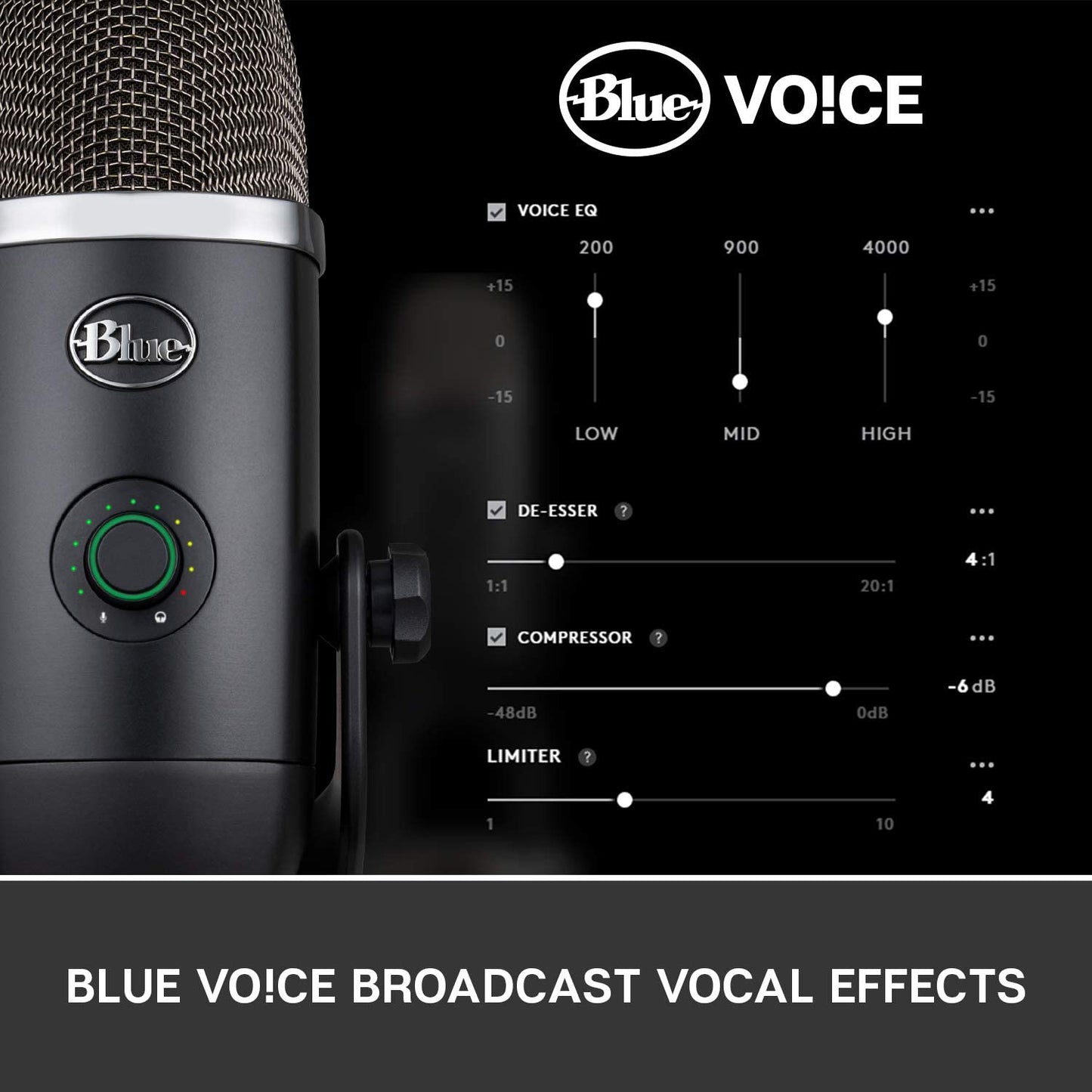 USB Condenser Microphone for Professional PC and Mac Use, Ideal for Gaming, Recording, Streaming, and Podcasting, High-Resolution Metering, LED Lighting, Blue VO!CE Effects - Black
