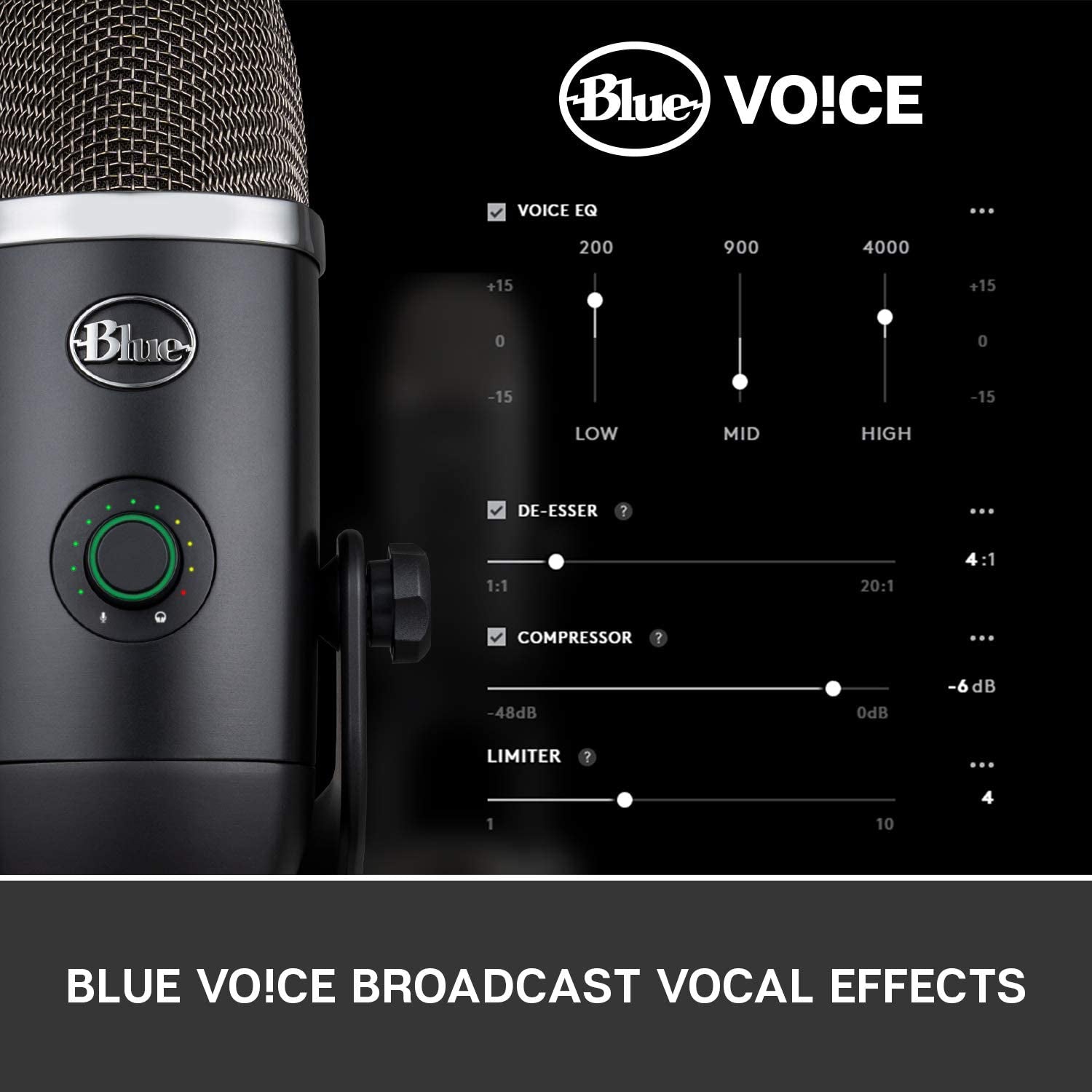 USB Condenser Microphone for Professional PC and Mac Use, Ideal for Gaming, Recording, Streaming, and Podcasting, High-Resolution Metering, LED Lighting, Blue VO!CE Effects - Black