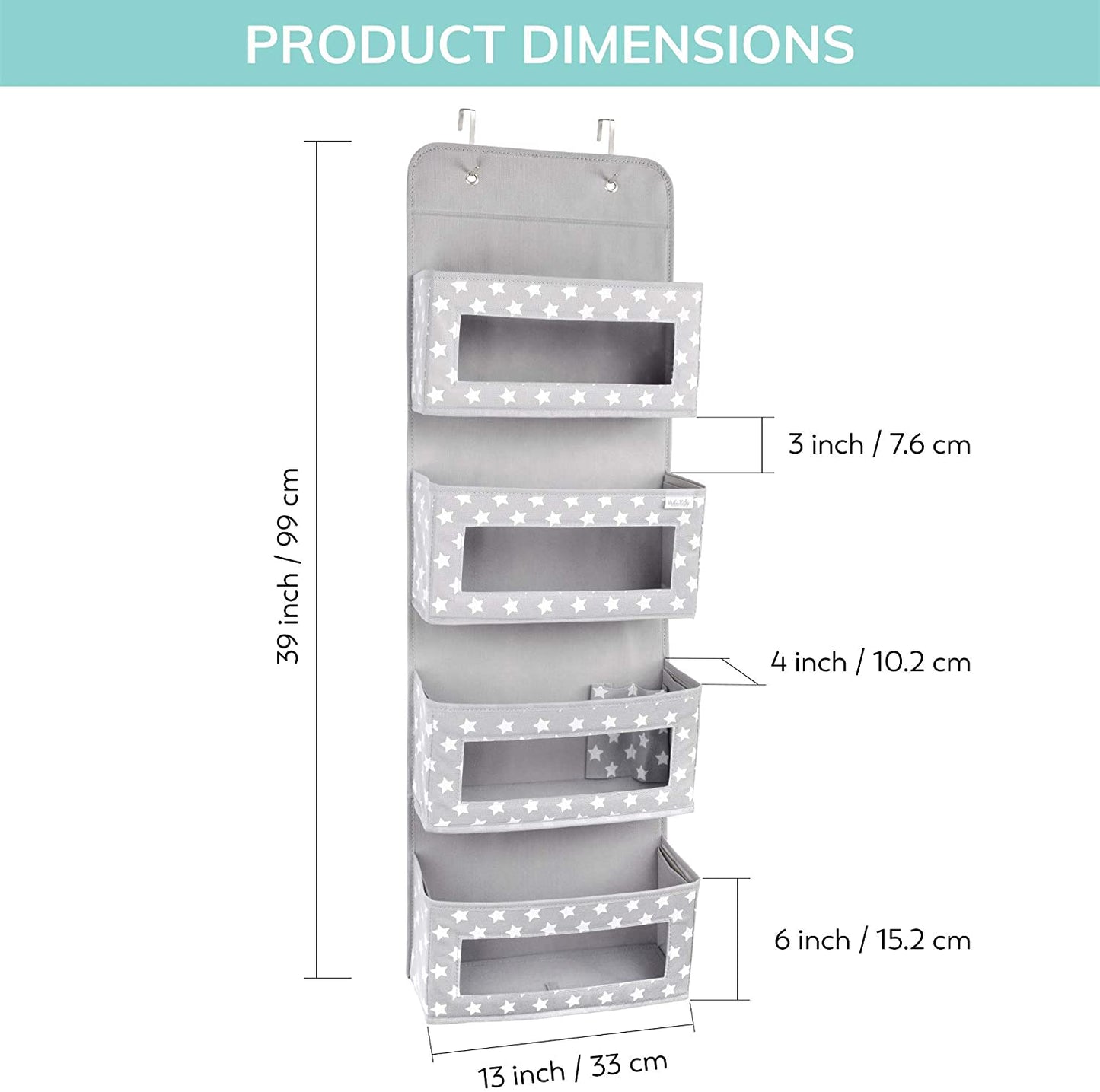 Over the Door Baby Organizer - 4 Pockets with Clear Window, 2 Utility Pockets. Unisex