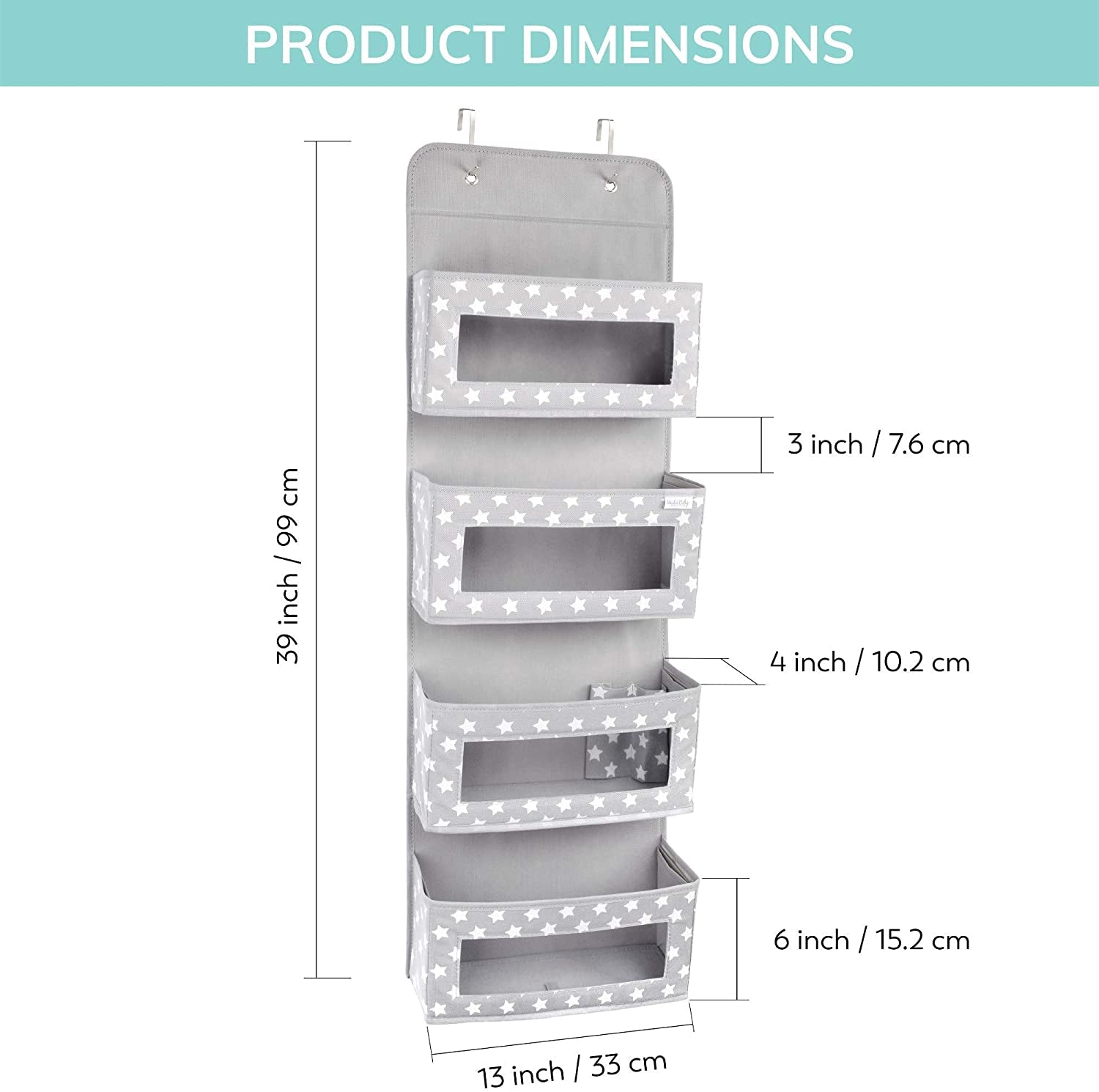 Over the Door Baby Organizer - 4 Pockets with Clear Window, 2 Utility Pockets. Unisex