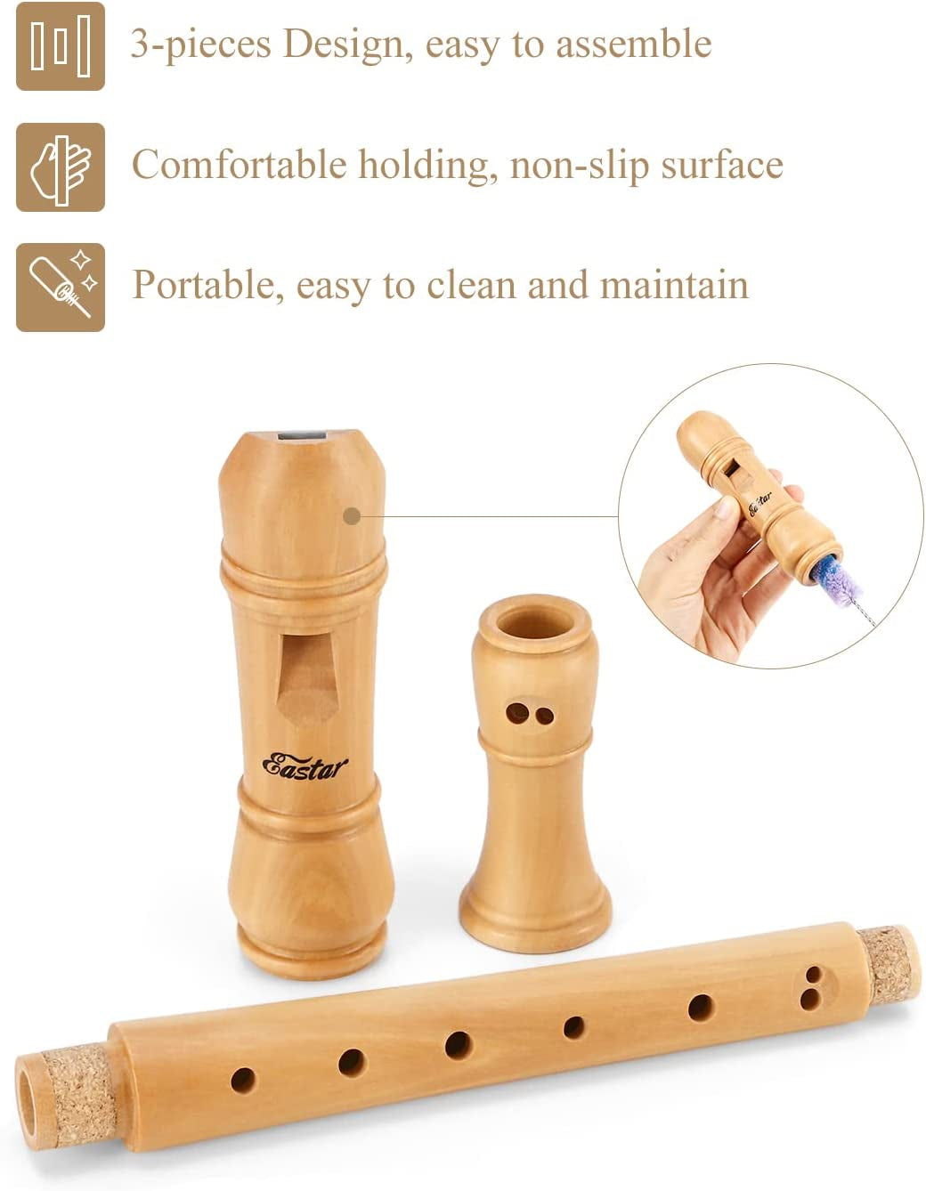 Soprano German Style Recorder for Beginner Kids - C Key Maple Wood 3 Piece Recorder Instrument with Hard Case, Fingering Chart, Cleaning Kit 