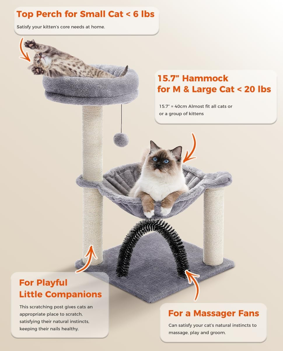 28" Small Cat Tree with Plush Hammock, Scratching Post, Top Perch, Cat Brush, and Dangling Ball - Ideal for Indoor Kittens - Grey