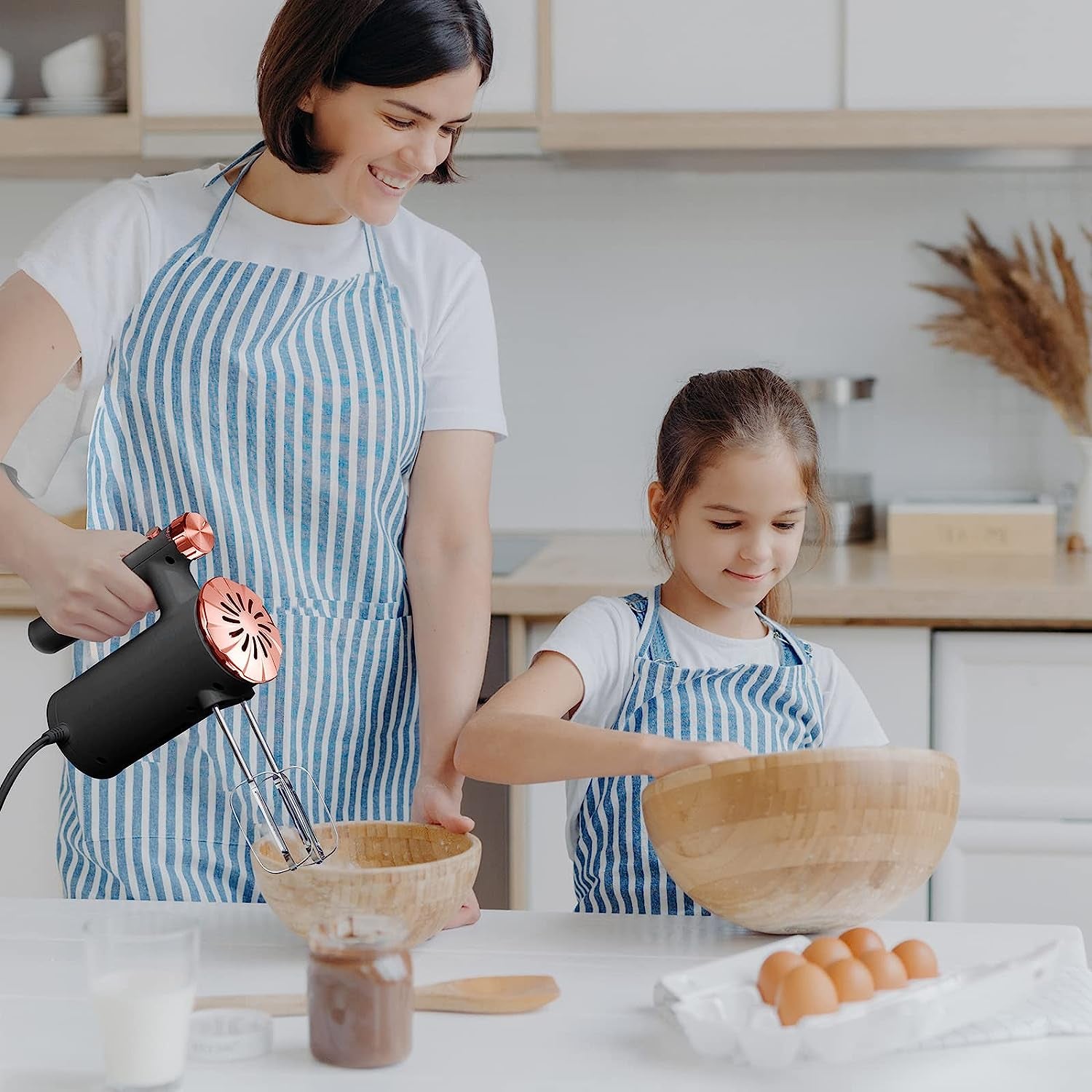 500W Ultra Power Electric Hand Mixer with Variable Speed Control - Includes 5 Stainless Steel Accessories for Baking, Dishwasher Safe - Black Rose Gold Color