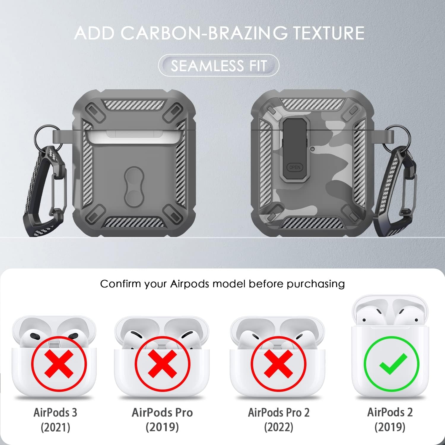 AirPods 2nd Generation Case Cover with Cleaner Kit - Military hard shell protective armor with lock for AirPod Gen 1 & 2 charging case. Front LED visible. Grey camouflage color.