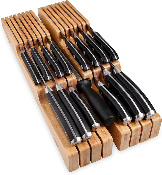 Bamboo In-Drawer Knife Block - Holds 14 Knives, Includes Sharpener Slot, Premium Organizer (2" tall, 17" deep)