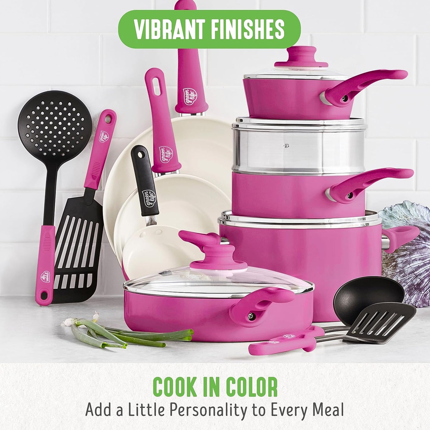 Soft Grip Ceramic Nonstick 16-Piece Kitchen Cookware Set, PFAS-Free, Dishwasher Safe, Bright Pink