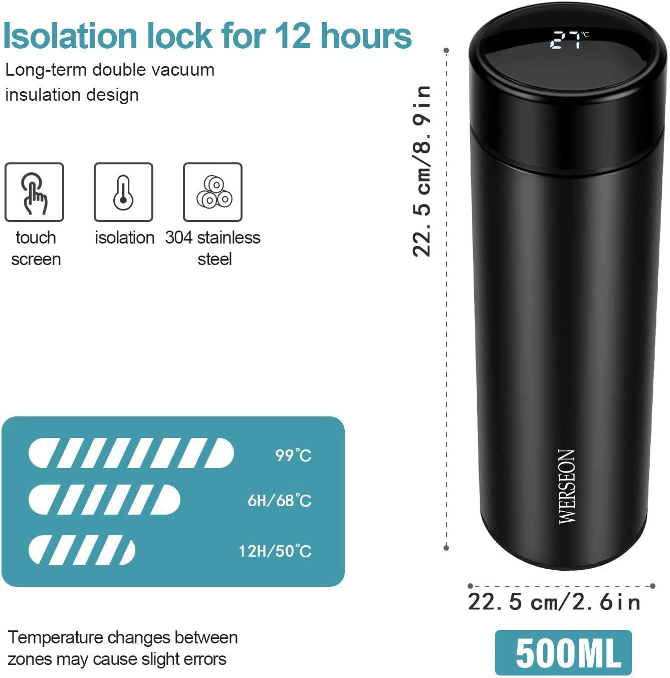 18oz Smart LCD Touch Screen Water Bottle with Tea Infuser, Vacuum Insulated Travel Mug for Hot or Cold Beverages, Portable and Leak-proof, Anti-collision Design