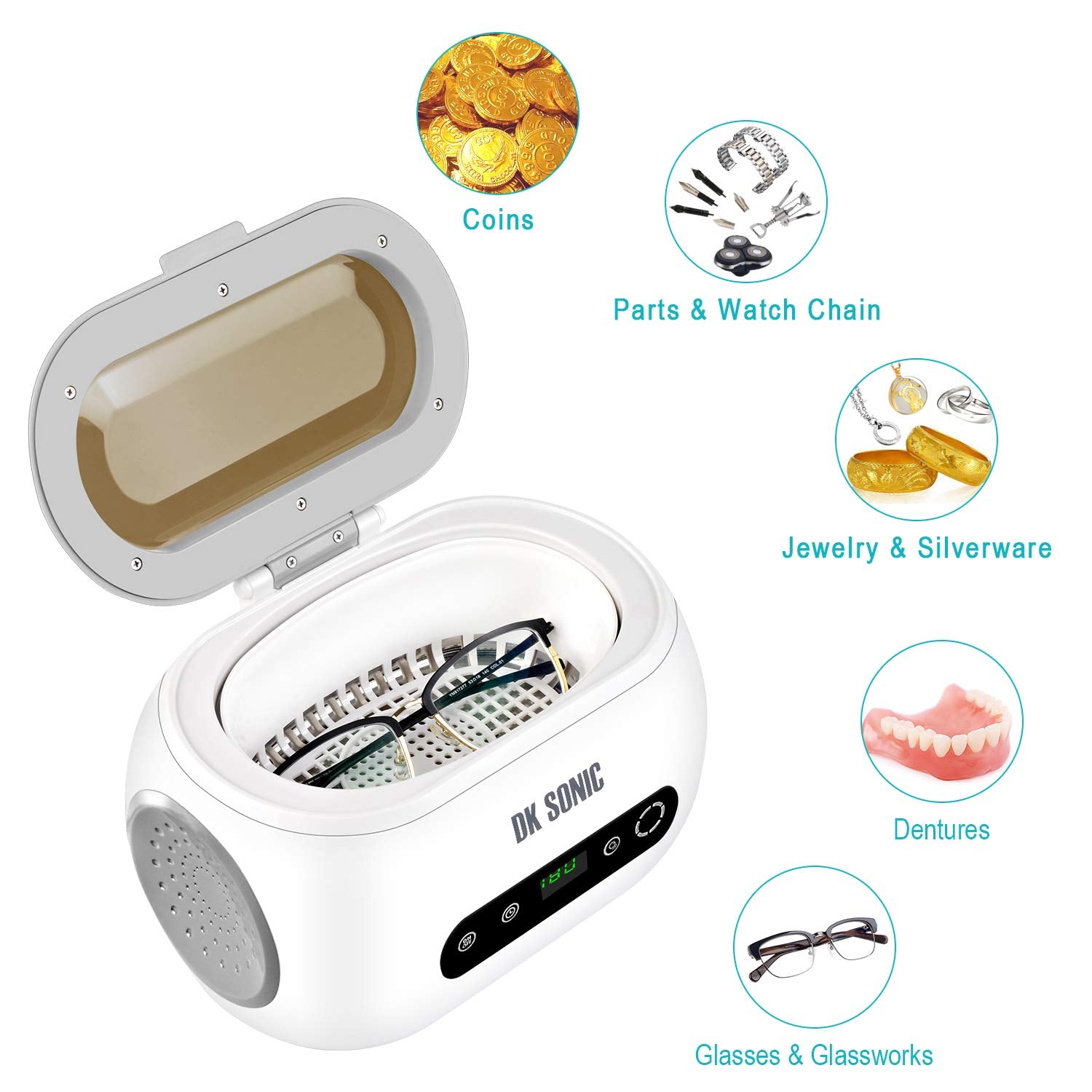 600ML Sonic Cleaner with 42KHz Frequency - Equipped with Digital Timer and Basket - Ideal for Cleaning Jewelry, Rings, Eyeglasses, Dentures, Watchbands, Coins, Small Metal Parts, and Daily Necessities.