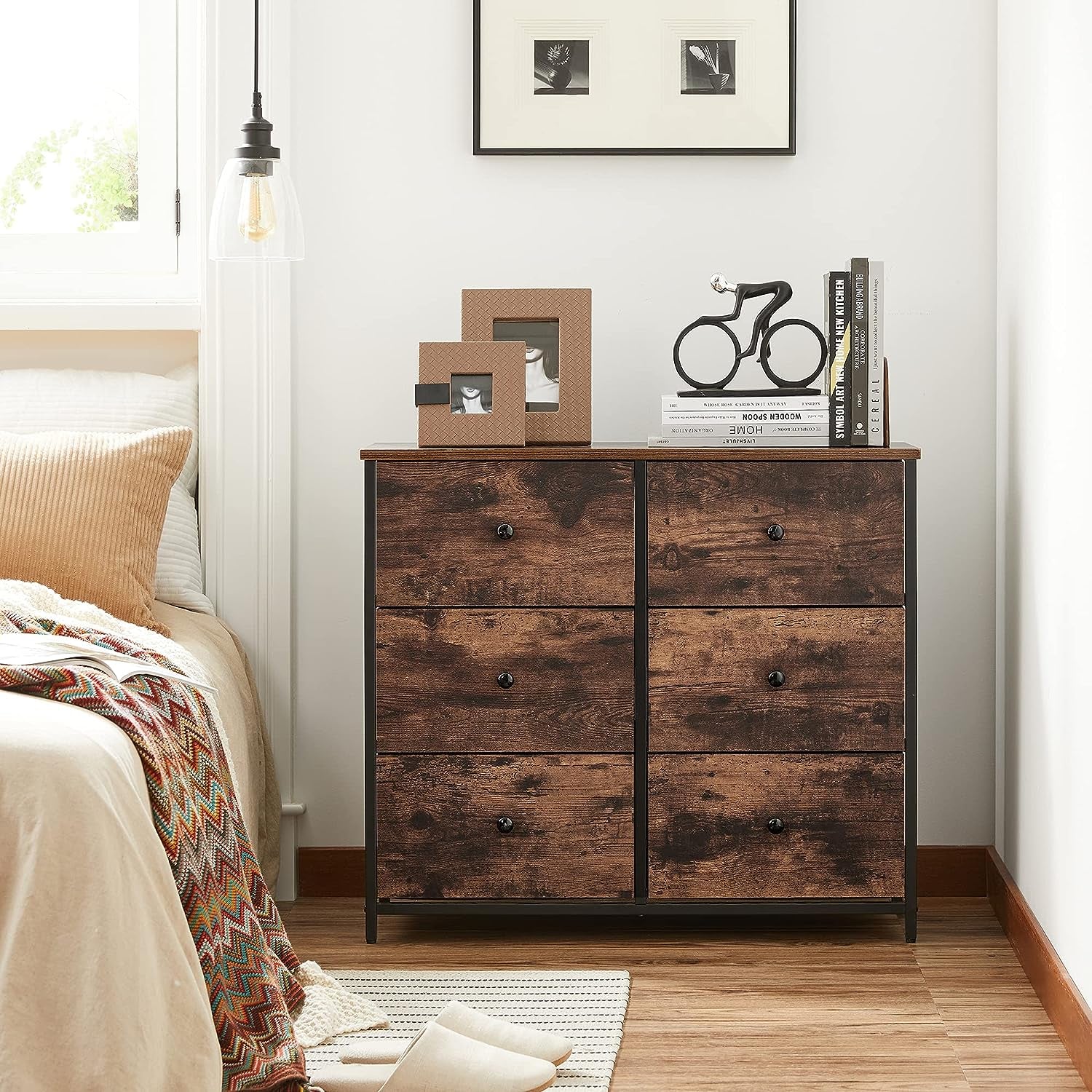 6 Drawer Dresser for Bedroom, Chest of Drawers, Brown and Black 