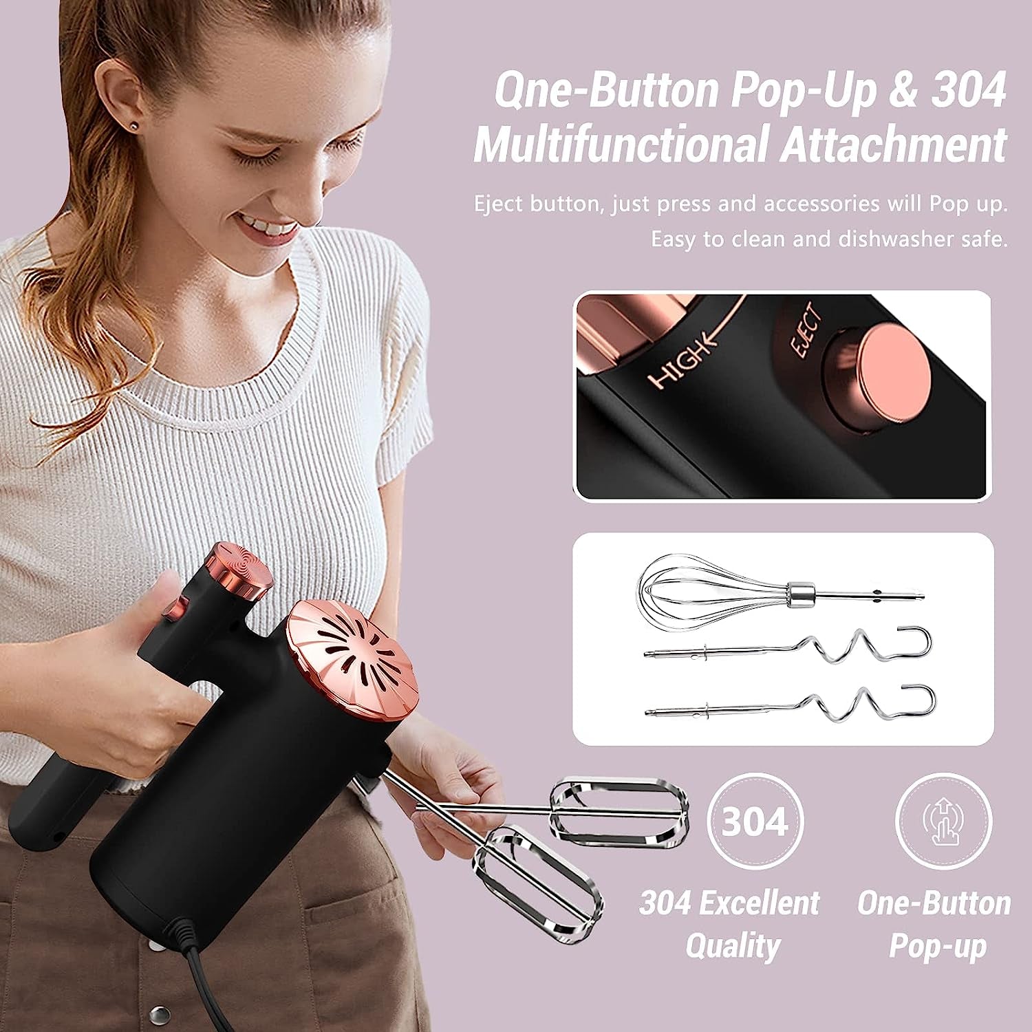 500W Ultra Power Electric Hand Mixer with Variable Speed Control - Includes 5 Stainless Steel Accessories for Baking, Dishwasher Safe - Black Rose Gold Color