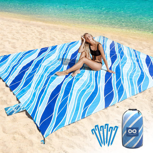 Waterproof Beach Blanket - Colorful Sandproof Beach Mat for Up to 10 People, Includes Stakes and Storage Bag - Large Microfiber Polyester Blanket Ideal for Beach Trips, Picnics, Concerts, and Hikes.