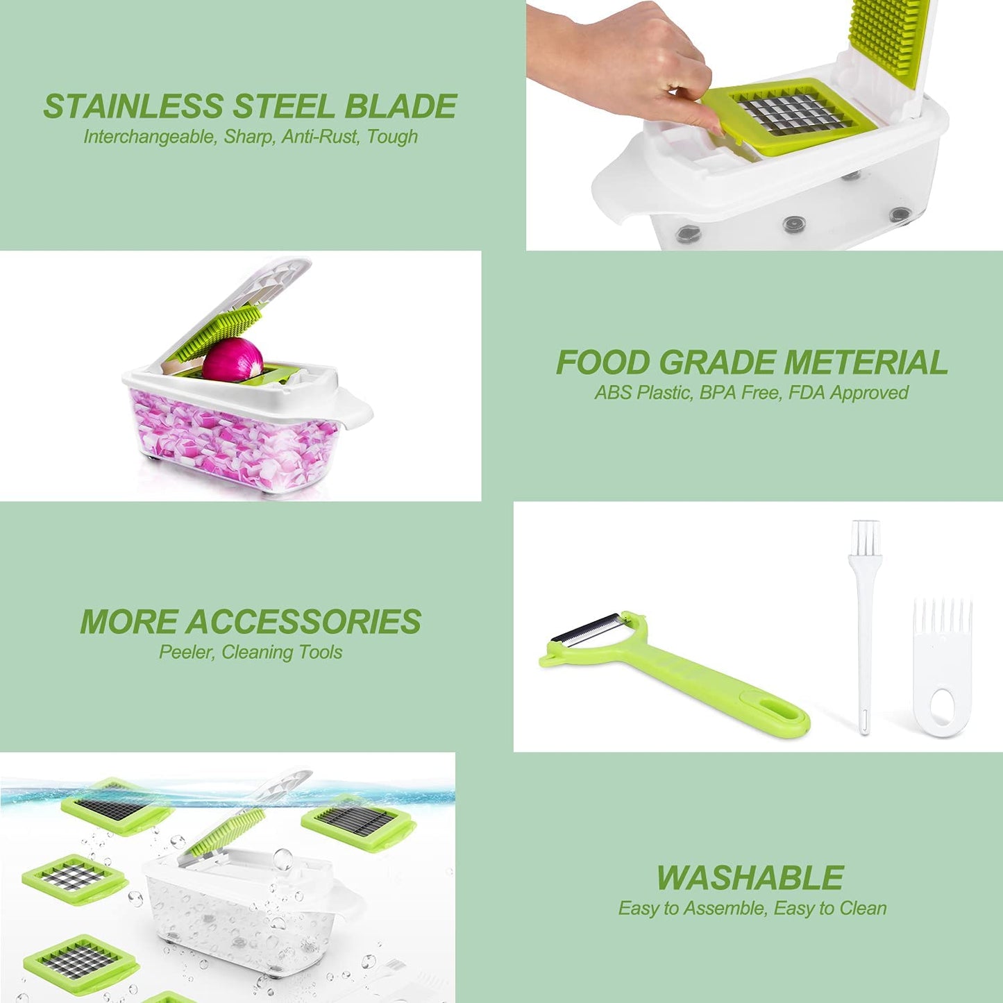 12-in-1 Vegetable Chopper and Dicer: A versatile food chopper and slicer for onions, potatoes, salads, fruits, apples, carrots, with a container and 12pcs accessories included.