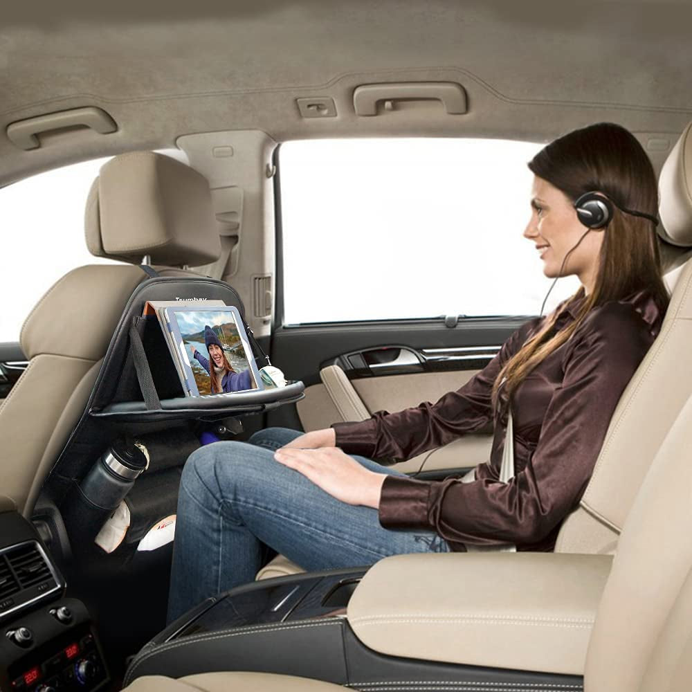 Car Organizer Backseat: Featuring a Foldable Tray Table and 8 Storage Pockets. Made of Waterproof PU Leather, includes Tablet Pocket, Tissue Box, and Car Seat Protector Kids Kick Mat. Multifunctional Car Organizer sold as a 1-Piece set.