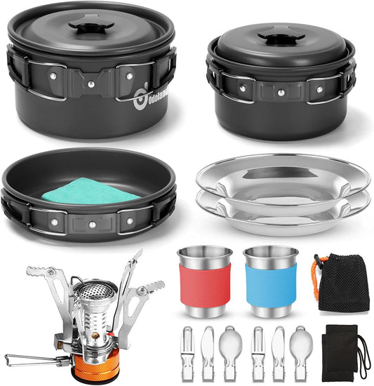 16-Piece Camping Cookware Mess Kit with Folding Stove and Non-Stick Lightweight Pots and Pans Set - Includes Stainless Steel Cups, Plates, Forks, and Spoons - Ideal for Camping, Backpacking, and Outdoor Cooking