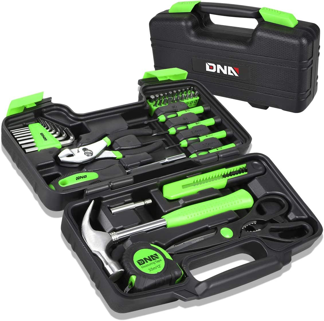 Green 39-Piece Portable Tool Kit: Includes Household Hand Toolbox with General Repair Tools such as Screwdriver, Pliers, Hammer, and Hex Keys.