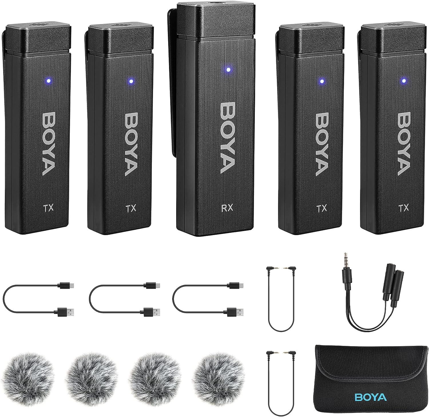 Wireless Lavalier Microphones for Cameras, Camcorders, DSLRs, Phones, and Computers - Includes 4 Transmitters, Offers 7-Hour Battery Life, 98Ft Transmission Range, Ideal for Video Recording, Vlogging, and Live Streaming.