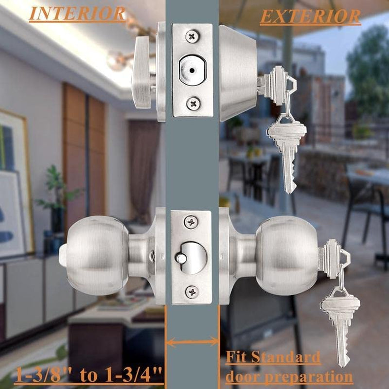 Entry Door Knob and Deadbolt Lock Set - Includes 3 Sets of Handlesets with Single Cylinder Deadbolts Keyed Alike. Suitable for Right or Left-Handed Doors, for both Exterior and Interior Use.