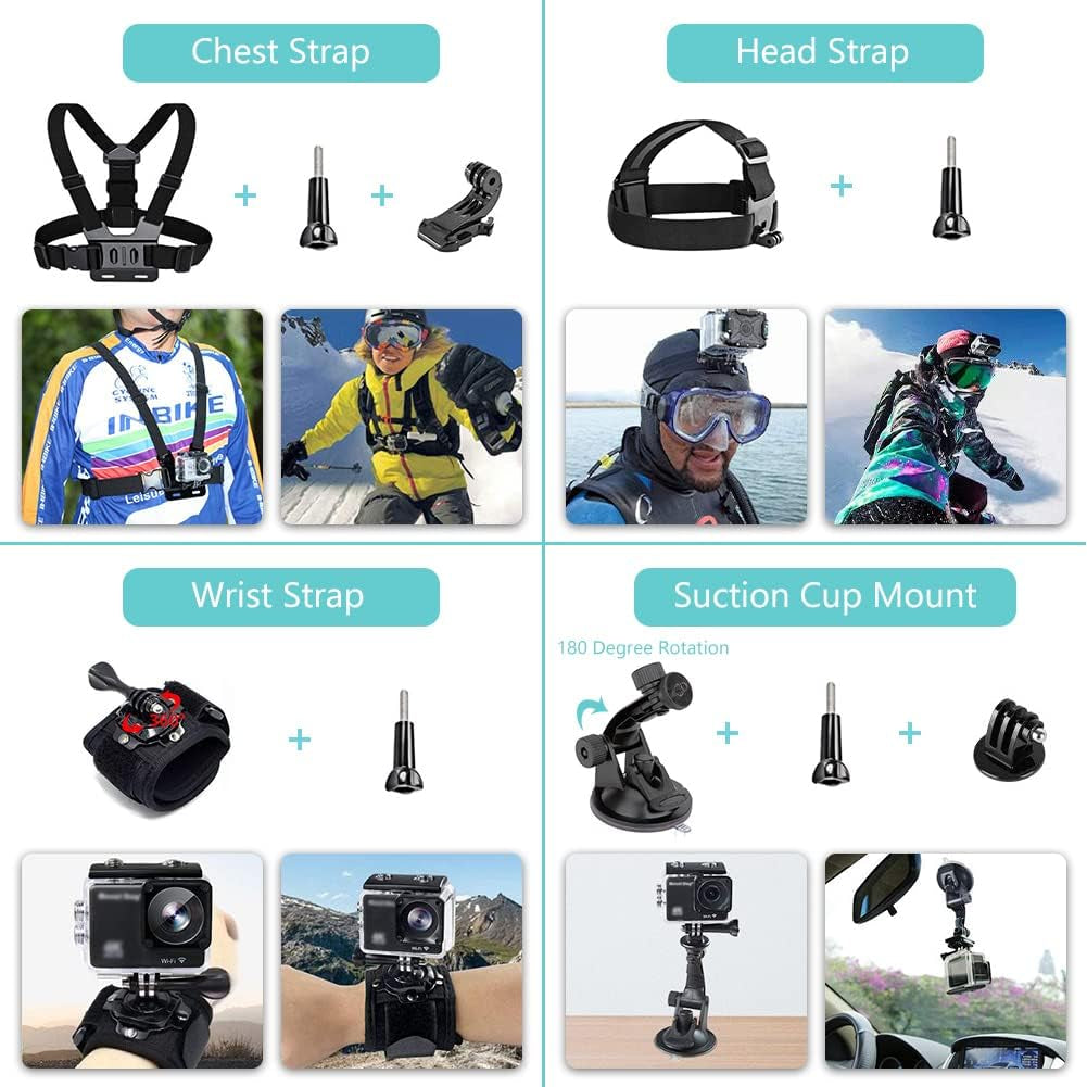 50-in-1 Outdoor Sports Camera Accessories Kit for GoPro Hero 10 9 8 7 6 5 4 Fusion AKASO EK7000 APEMAN Campark - Complete Accessory Bundle Kit with Carry Case, Phone Holder, Charging Base, Tripod, Car Suction Cup, Bicycle Bracket, and More