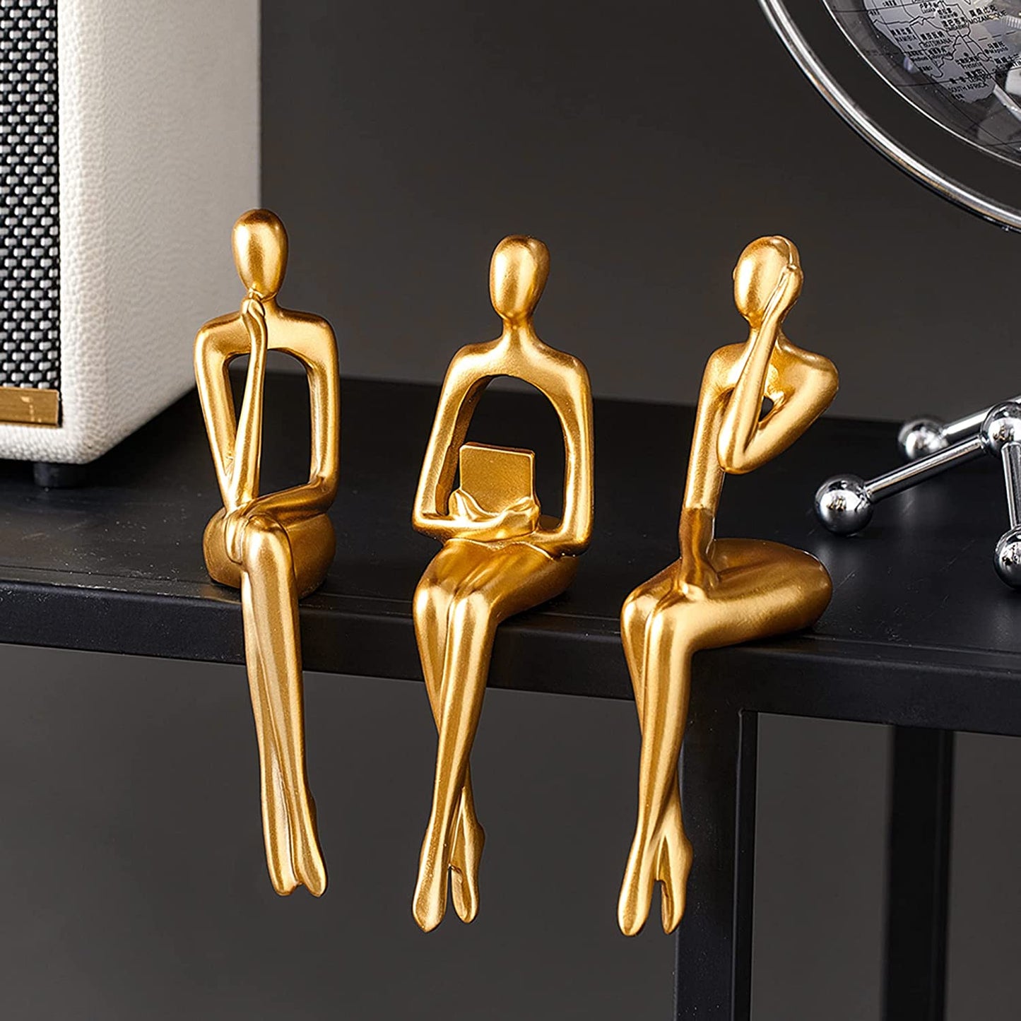 3-Piece Gold Statue Home Decor Set - Modern Figurines for Living Room, Shelf, Bookshelf, Desk, and Table Decorations.