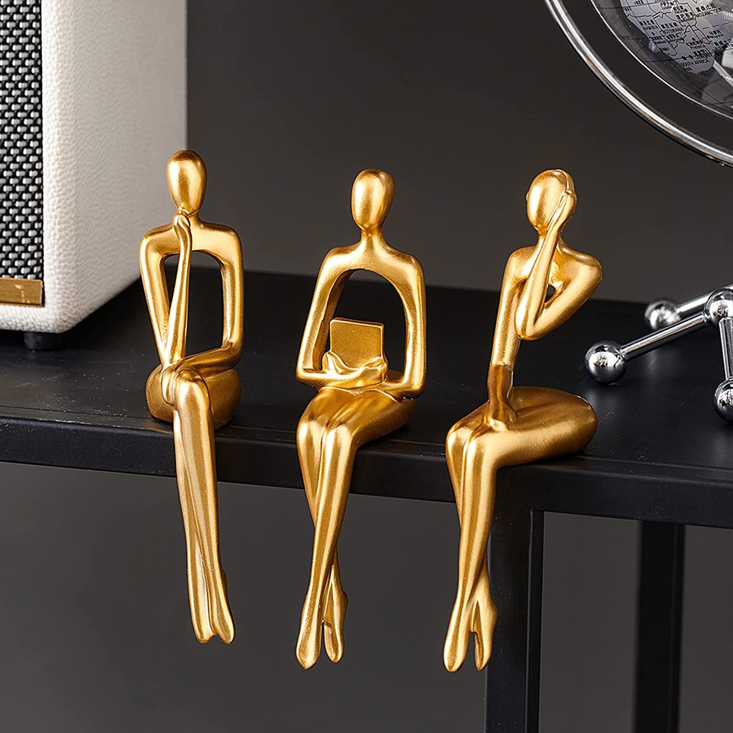 3-Piece Gold Statue Home Decor Set - Modern Figurines for Living Room, Shelf, Bookshelf, Desk, and Table Decorations.