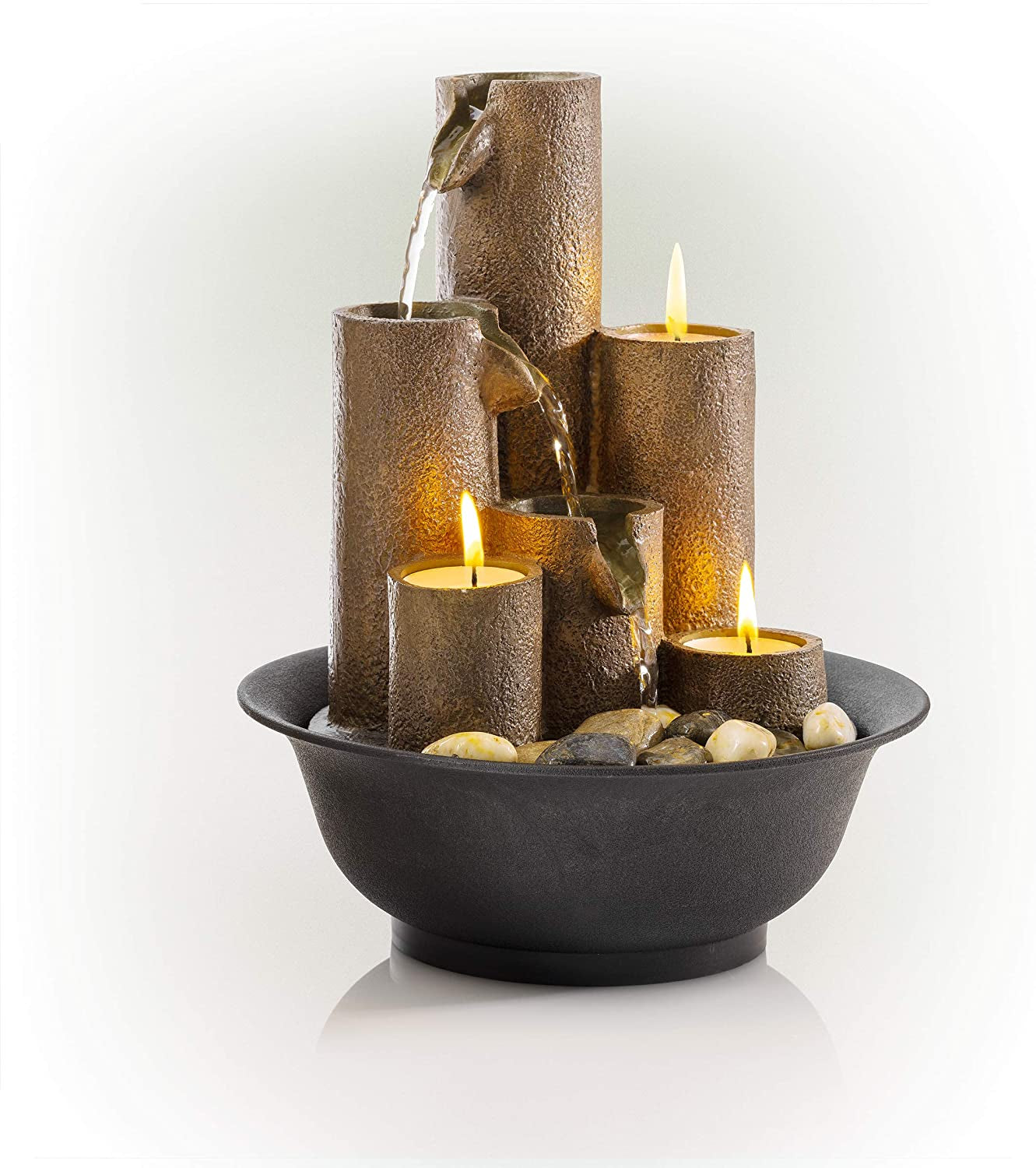 Tiered Column Tabletop Fountain with Three Candles, 11 Inches Tall in Brown