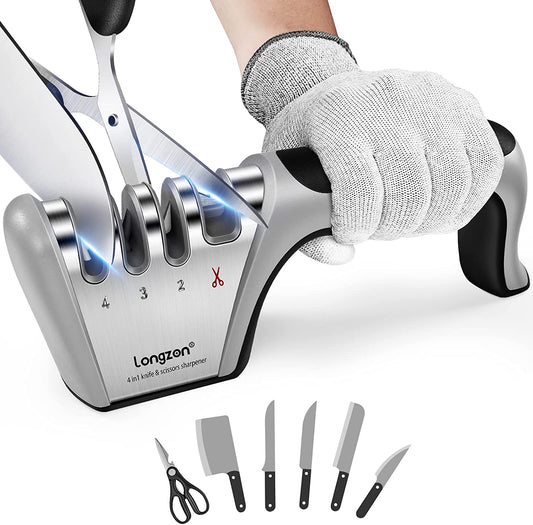 4-Stage Knife Sharpener - Enhance Your Kitchen Tools with Original Premium Polish Blades, 4-in-1 Design Works for Steel Knives and Scissors, Includes a Pair of Cut-Resistant Gloves for Added Safety