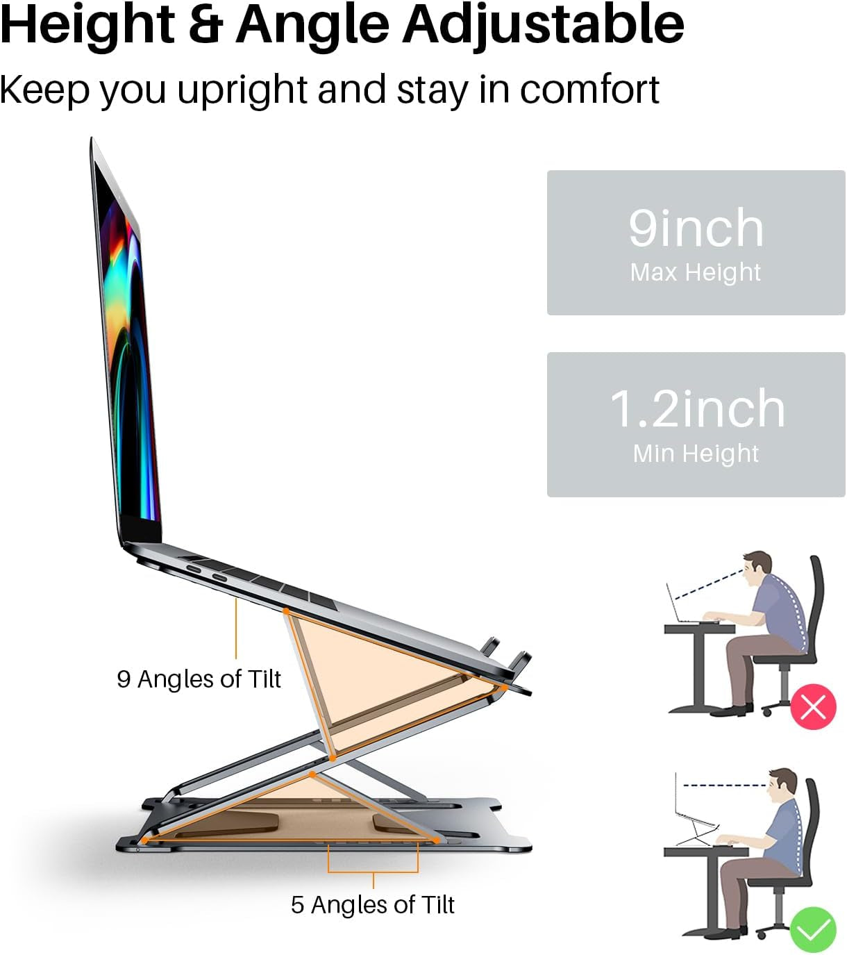 Adjustable Laptop Stand - Ergonomic Portable Riser for Desk - Foldable Stand Compatible with Laptops and iPad 10-17.3'', Silver