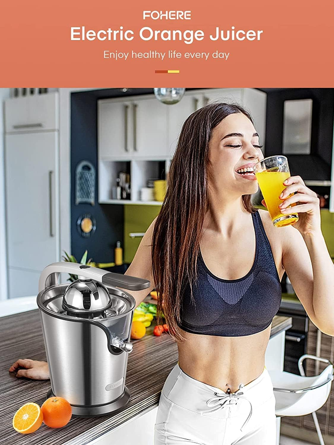 Compact Stainless Steel Electric Citrus Juicer - Citrus Press Juicer Squeezer with 2 Size Cones, Humanized Handle, Ideal for Oranges, Lemons, Grapefruits, and Limes.