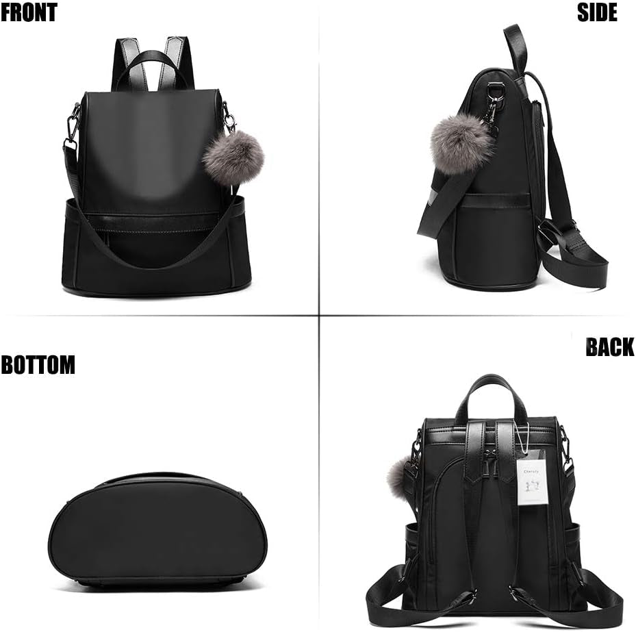 Women Shoulder Backpack Purse Nylon -  Anti-Theft Waterproof Casual Convertible Rucksack Lightweight- Black