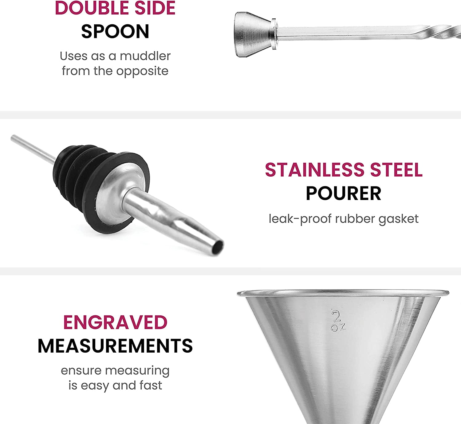 Complete 7-Piece Stainless Steel Cocktail Shaker Set: Bartender Kit with All Bar Accessories, Including Cocktail Strainer, Double Jigger, Bar Spoon, Bottle Opener, and Pour Spouts