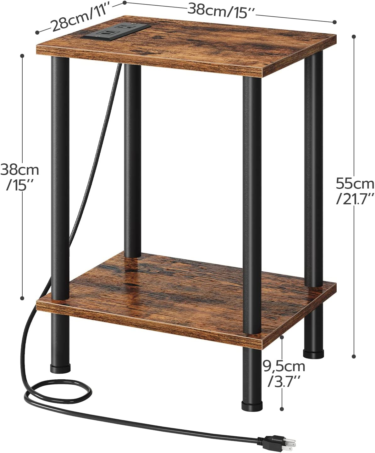 Charging Station Side Table: Rustic Brown End Table with USB Ports, Outlet, and 2-Layer Storage Shelves - Perfect for Small Spaces, Living Room, Bedroom - Stable Frame