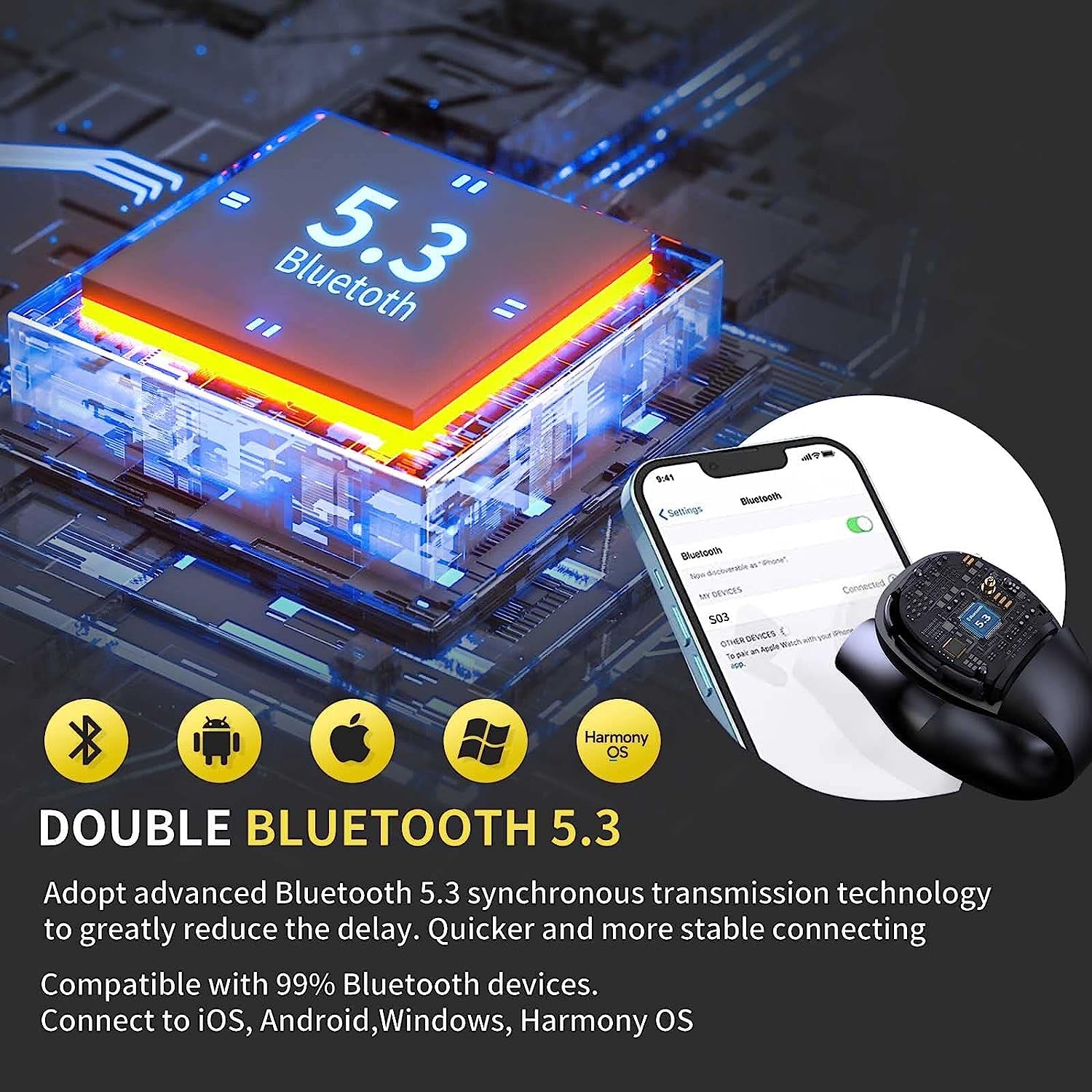 Bluetooth 5.3 Wireless Earclip Headphones - Sweat Resistant Earbuds with Allergy-Free Earhooks for True Wireless Sports Experience during Workouts, Running, and Gym Sessions. Compatible with Apple & Android (Blue)