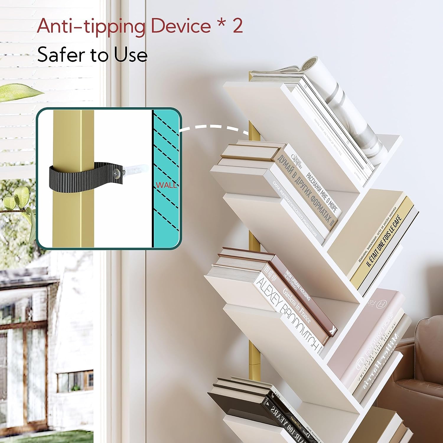 Geometric Tree Bookshelf with Steel Pipe - A Stylish Floor Standing Bookcase for Living Room, Bedroom, Home Office. Available in Gold and White.