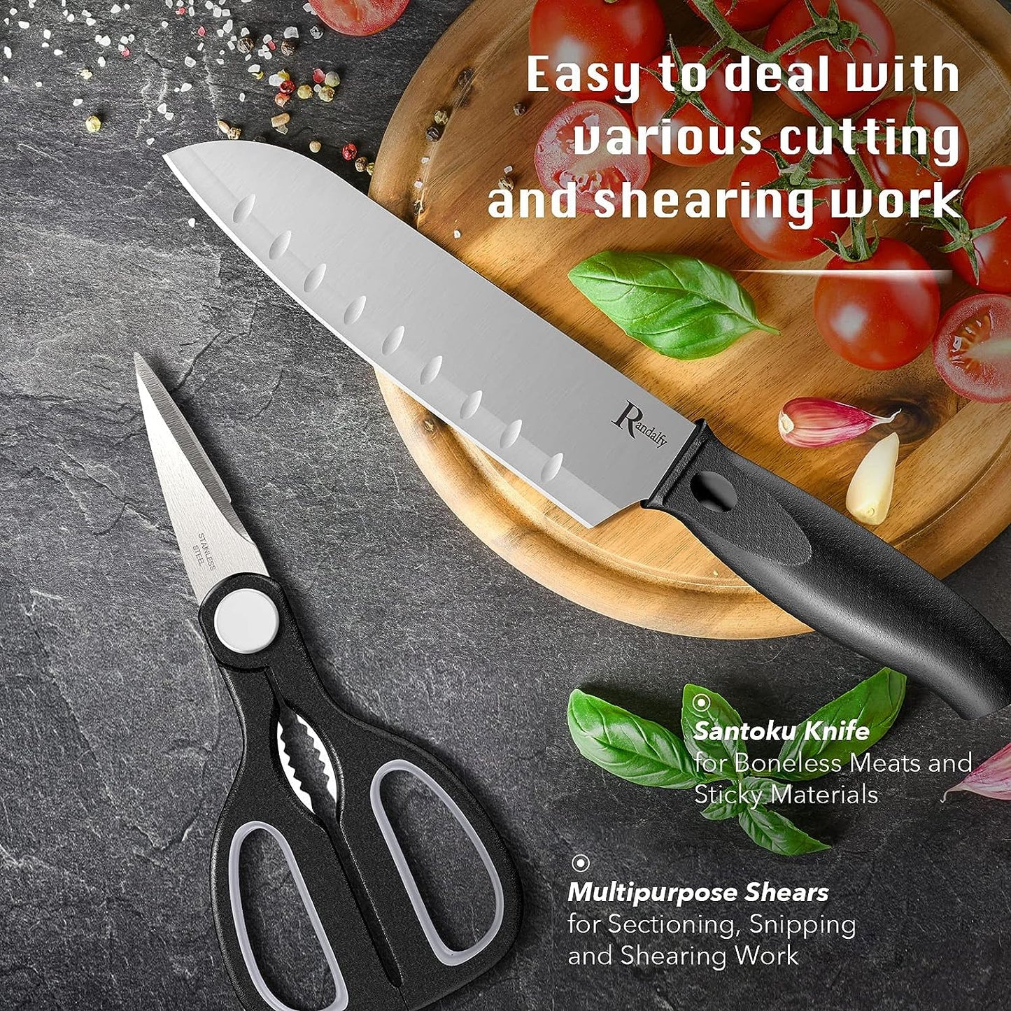 7-Piece Chef Knife Set with Block - Includes a Variety of Knives, Scissors, and a Block; Ideal for Chopping, Slicing, Dicing, and Cutting Meat, Vegetables, and Fruits; Silver Color.