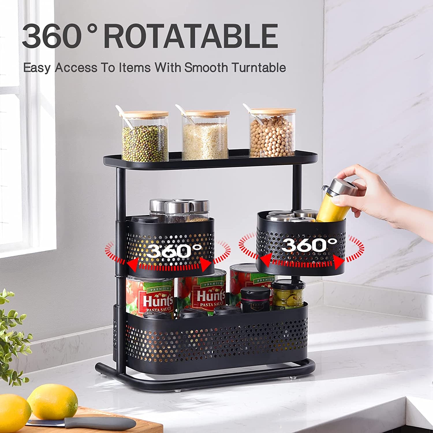 3-Tier Rotating Bathroom Counter Organizer: Black Vanity and Kitchen Spice Rack Shelf for Countertop Storage