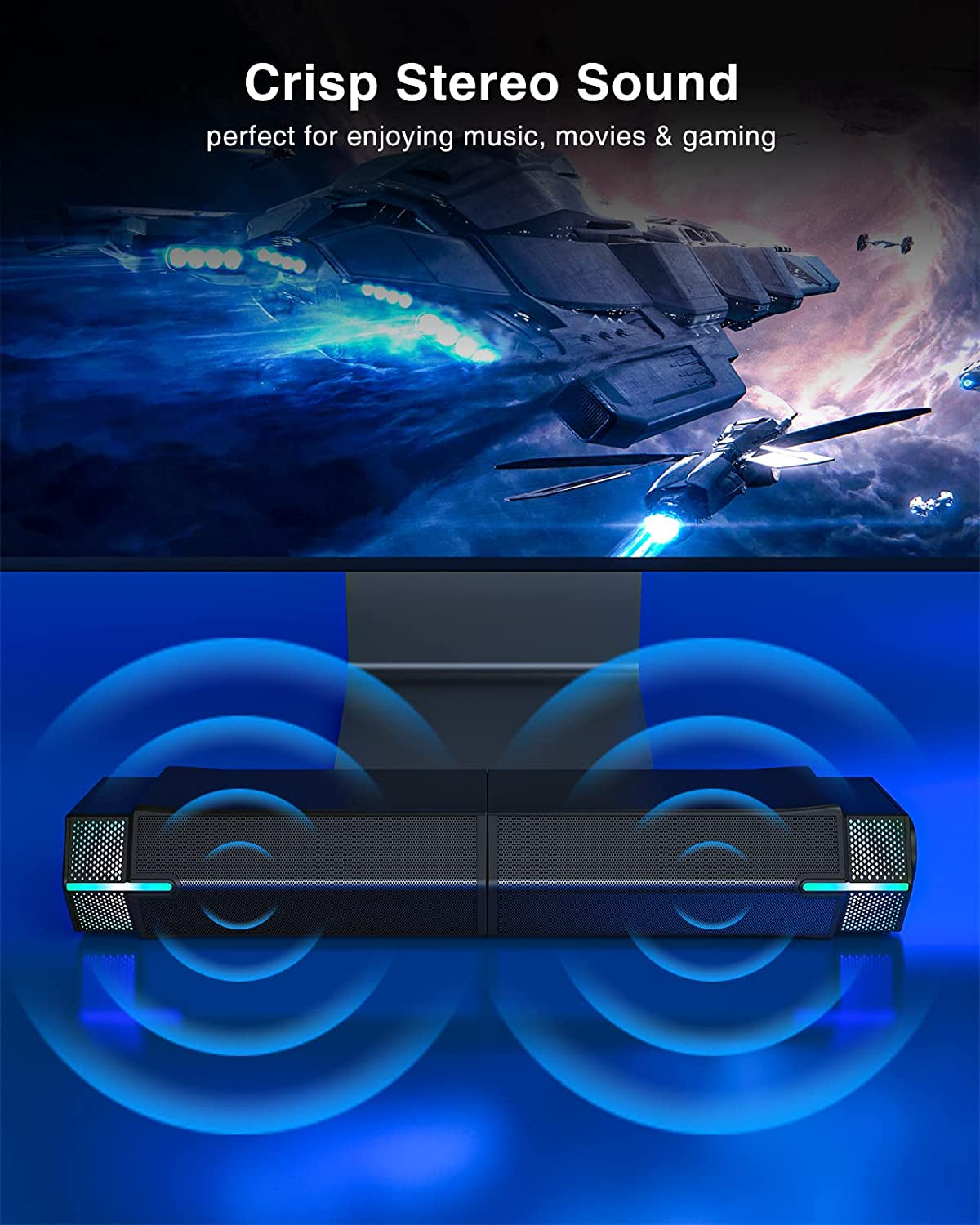 Bluetooth Computer Speakers for PC Desktop Monitor, Wired USB-Powered PC Sound Bar, Delivering Superb Stereo Sound with Customizable Gradient RGB Lighting - Combine or Separate for Maximum Versatility