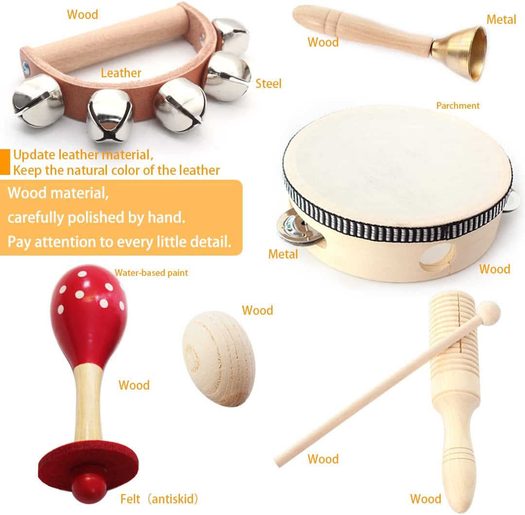 Wooden Musical Instruments Set for Children - Crafted from Safe and Friendly Natural Materials, designed to support Kid's Music Enlightenment. This Percussion Instrument Music Toys Kit is suitable for Preschool Education and includes a Storage Mesh Bag 