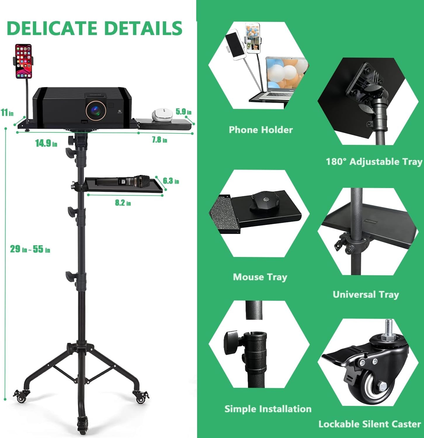 Laptop Tripod Stand with Adjustable Height, Wheels, 2 Shelves, Mouse Tray, Phone Holder, and Carrying Bag - Ideal for Projector, Music, Office, and Home Use - Portable Floor Stand Tripod in Black