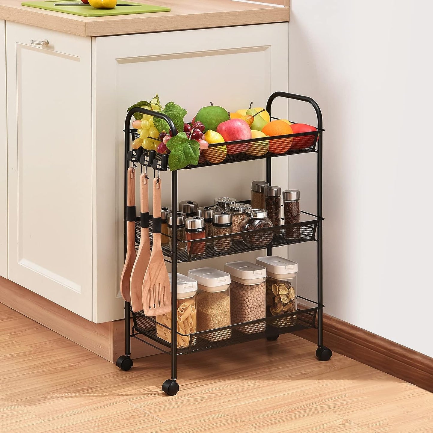 Rolling 3-Tier Storage Cart - Easy Assembly, Mobile Trolley with Wheels, Slide-Out Utility Cart for Kitchen, Bathroom, Laundry Room - Pink